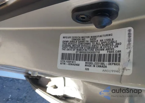 2003 Toyota Corolla Le z USA, uszkodzony, nr VIN 2T1BR32E33C033710